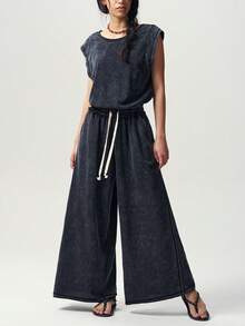 Bohemela Jumpsuit Rajut Polos Kasual untuk Wanita, Cocok untuk Acara Santai Sehari-hari, Musim Panas, Warna Abu-abu Gelap - Hitam - View 6