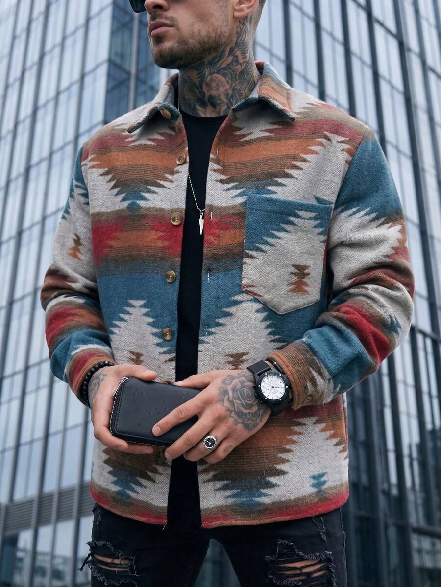 Lornexis 男士长袖几何印花口袋拼接彩色度假衬衫外套,送给丈夫,秋季款 - 彩色 - 查看 1
