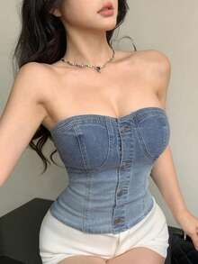 DAZY Distressed Denim Cropped Camisole Top For Women, Spring & Summer Tube Tops - Blue - View 11