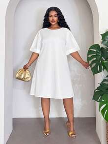 Slaydiva Plus Size Women's Tunic Dress, Solid Color Rolled Short Sleeve Loose Shift Dress, Business Casual Daily Commute Curvy Mini Dress Holiday White Summer - White - View 4