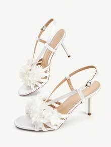 CUCCOO CHICEST Sandal Hak Tinggi Terbuka Ujung Jari Kaki Putih Satin Sutra Putih dengan Hiasan Bunga Jala untuk Wanita, Cocok untuk Acara Pernikahan, Musim Semi dan Musim Panas. - Putih - View 6