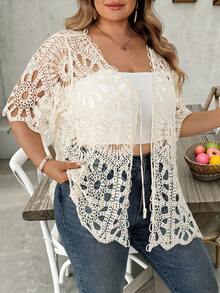 SHEIN CURVE+ Plus Size Women's Solid Color Tie-Front Casual Versatile Daily Outing Cardigan - White - View 8