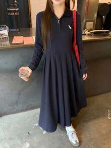DAZY Women's Casual Summer Mid-Length Dress With Colorblock Embroidery Pattern And Pleated Design Cute Tops - Navy Blue - View 1