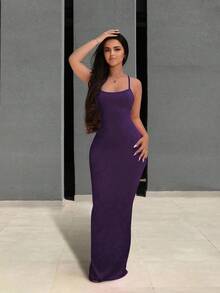 Sirith Women's Solid Color Backless Criss-Cross Design Fitted Slip Dress - Violet Purple - View 4