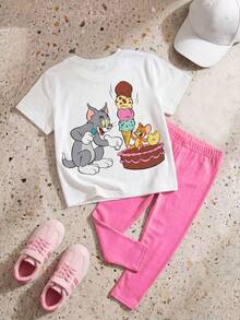 TOM & JERRY X SHEIN GraphicGems 少女字母印花短袖T恤和粉色裤子休闲两件套，夏季 - 白色 - 查看 2