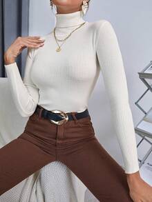 SHEIN 秋冬休閒百搭素色高領毛衣 - 米色 - 查看 4
