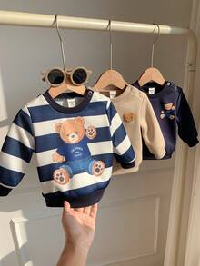 SHEIN Newborn Baby Boy Cute Casual Versatile Knitted Striped Cartoon Pattern Long Sleeve Sweatshirt 3-Piece Set - Multicolor - View 8