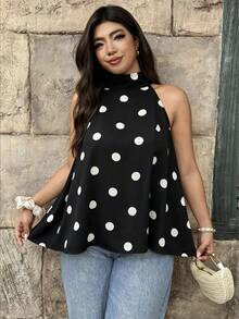 Vionelle Plus Size Polka Dot Sleeveless Back Tie Bow Women's Top - Black - View 5