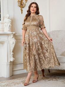 Reflora Plus Size Women's White Lace Midi Summer Dress Elegant Short Sleeve Dress - Champagne - View 3