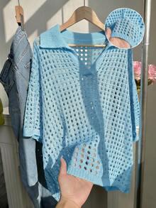 SHEIN EZwear Atasan Sweater Lengan Pendek Berkerah Warna Polos Kasual Ukuran Besar untuk Wanita, Warna Kuning, Atasan Musim Panas untuk Musim Gugur/Dingin - Biru - View 1