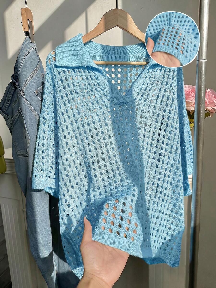 SHEIN EZwear Atasan Sweater Lengan Pendek Berkerah Warna Polos Kasual Ukuran Besar untuk Wanita, Warna Kuning, Atasan Musim Panas untuk Musim Gugur/Dingin - Biru - View 1