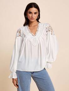 LOTSLUV Women's Summer Vacation Elegant White Shirt Fabric Contrast Lace And V-Neck Ruffle Long Sleeve Romantic Blouse,Elegant Blouses ,White Blouse,Pretty - White - View 4