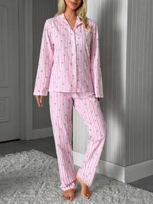 SHEIN Women 2 Pcs Pink Button Front With Striped&Heart Pattern Homewear Cute Pajama Set - Pink - View 3