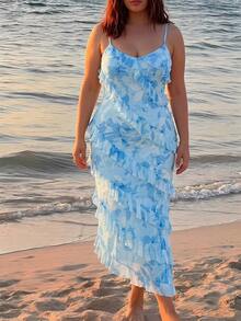 SHEIN MOD Women's Light Blue Summer Tropical Tea Party Holiday Asymmetrical Hem Cami Floral Multi-Layered Lotus Leaf Long Ruffle Trim Wedding Guest Midi Dress - Blue and White - View 7