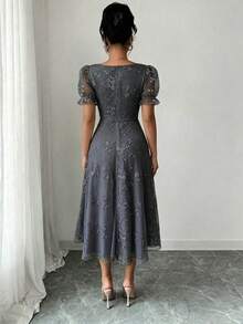 Rafferiza 女款夏季優雅素色花卉刺繡洋裝 - 灰色 - 查看 3