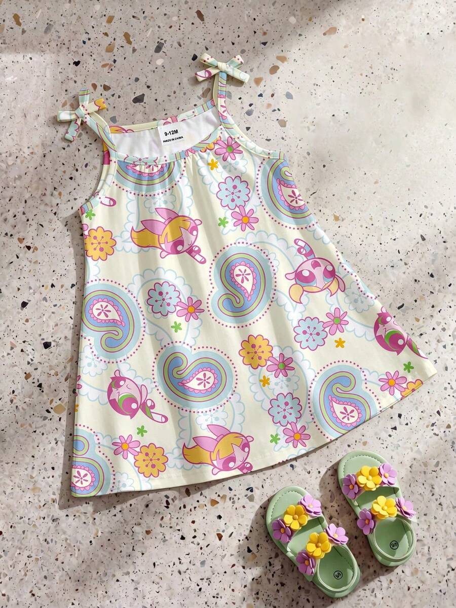 THE POWERPUFF GIRLS X SHEIN GraphicGems Baby Girl Cartoon Print Casual Vacation Daily Outing Spaghetti Strap Dress - Multicolor - View 1