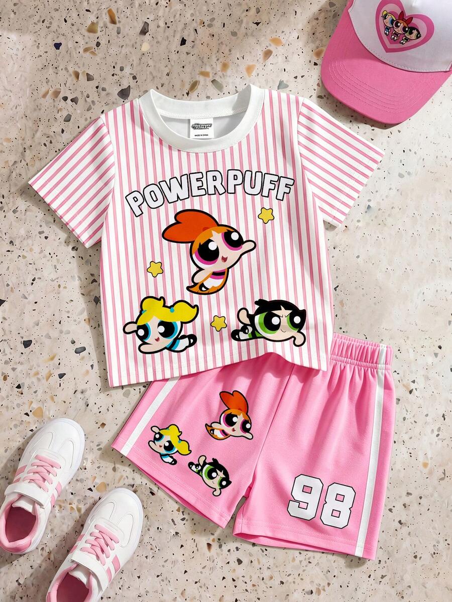 THE POWERPUFF GIRLS X SHEIN GraphicGems 女童条纹卡通印花圆领短袖T恤和短裤休闲日常穿搭 - 彩色 - 查看 1