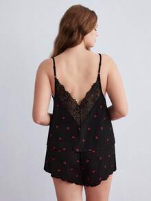 Elorette Plus Size Cherry Print Chiffon Lace Patchwork 2-Piece Set - Black - View 1