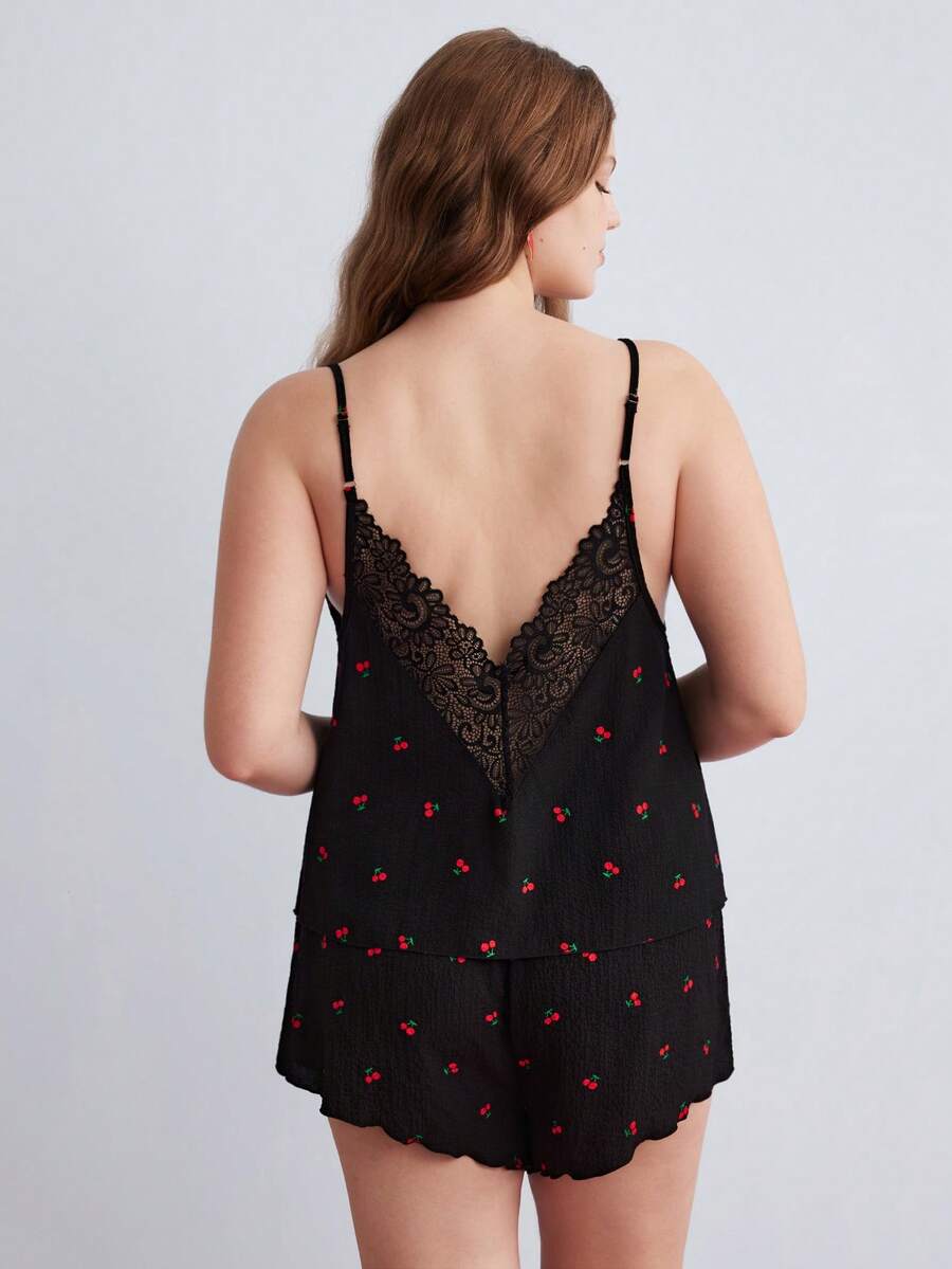 Elorette Plus Size Cherry Print Chiffon Lace Patchwork 2-Piece Set - Black - View 1
