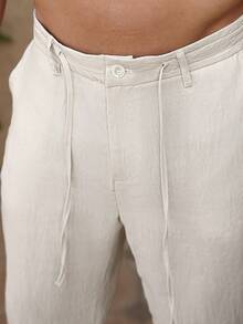 Palmeraft Pantalon pour hommes à taille élastique, coupe fuselée, en lin, unicolore, pour sortie, automne, vacances - Nude - Voir 3