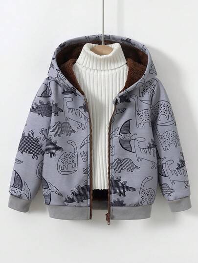 SHEIN 這款恐龍多色印花抓絨內裡連帽夾克是時尚與舒適的完美結合，專為活潑好動的兒童設計。夾克採用繽紛的恐龍印花設計，充滿童趣與活力