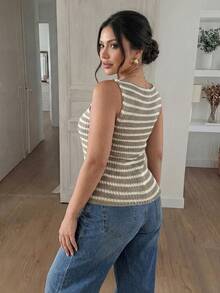 Lounesse Plus Size Women Summer Contrast Stripe Print Single-Breasted Sleeveless Knitted Top,White Sequence,Summer,Smart Casual,Everyday Fashionable Vest Top - Multicolor - View 2