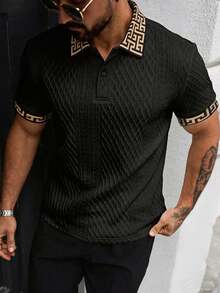 Daypath Men's Knitted Jacquard Textured Ribbed Collar & Cuffs Polo Shirt, Formal - Black - View 3