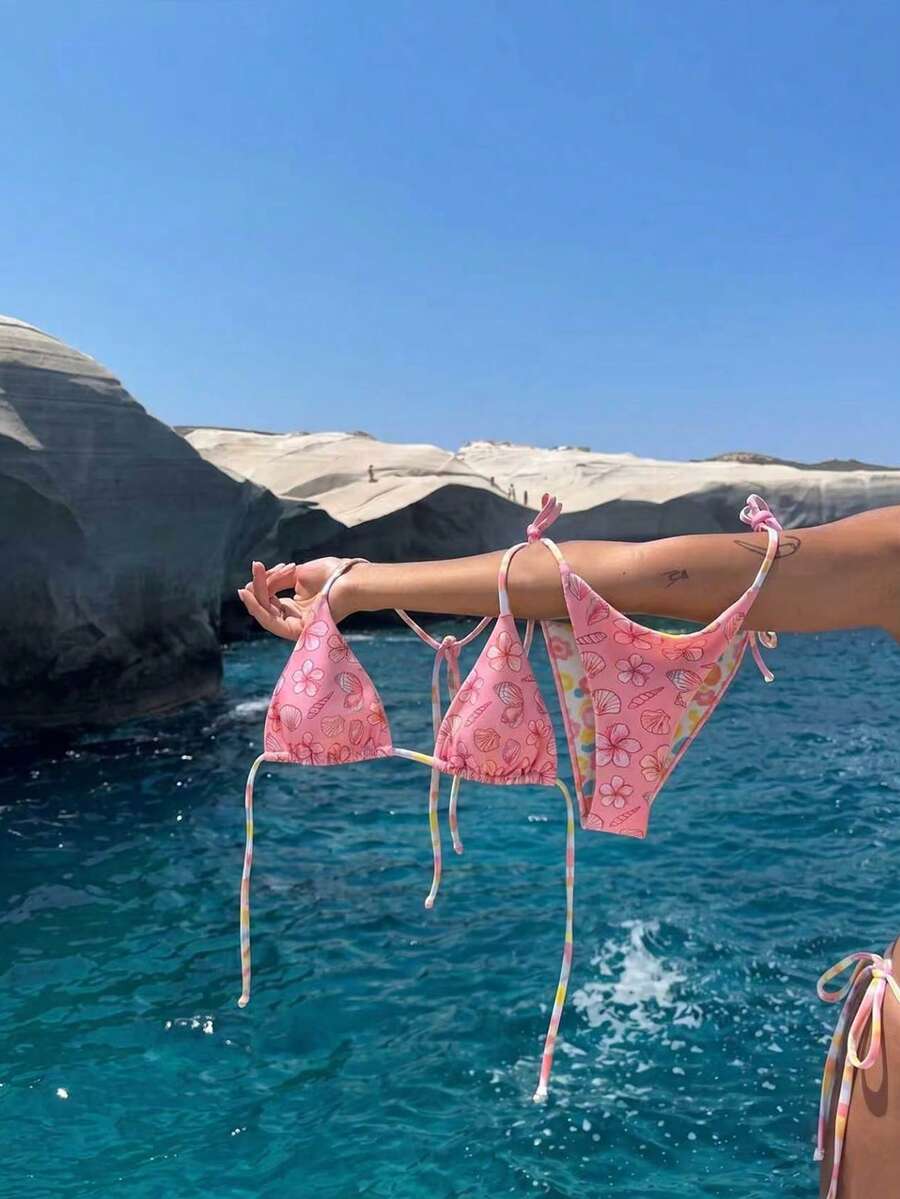 Swim Mod 2件組 定位印花三角掛脖性感度假比基尼泳衣 女款 - 彩色 - 查看 1