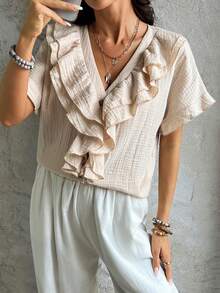 Zayélia Women's Summer Solid Color Versatile V-Neck Ruffle Design Short Sleeve Blouse - Apricot - View 3