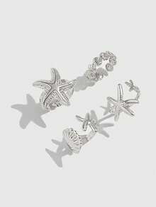 ROMWE Fairycore 4pcs Fashion Ocean Style Rings - Shiny Starfish, Shell, Geometric Metal Rings, Open Ring. Gifts For Women, Daughters, Wives - Silver - Starfish Ring - View 2