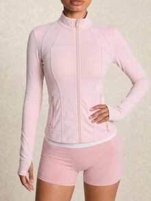SHEIN BAE Women's Minimalist Zipper Front Pocket Long Sleeve Fashion Sports Jacket - Baby Pink - View 2