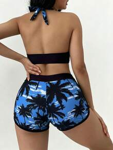 SHEIN Swim 女款夏季海灘拼色百褶掛脖綁帶性感比基尼與短褲兩件式泳衣套裝 - 藍色 - 查看 2