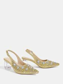 CUCCOO TILAWA Women's Crystal And Glass Rhinestone Pointed Yellow High-Heeled Shoes, Suitable For Going Out, Banquets, Parties And Other Activities - Mustard Yellow - View 3