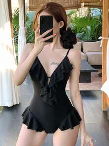 DAZY Baju Renang Wanita Model Camisole Seksi Warna Polos dengan Motif Patchwork dan Ruffle untuk Musim Panas di Pantai, Cocok untuk Liburan. - Hitam - View 1