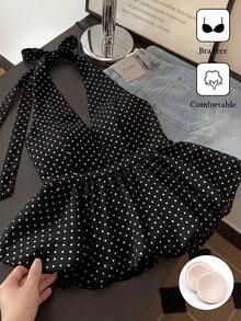 SHEIN 優雅法式風格女款內建胸墊免穿內衣波點掛脖綁腰花苞喇叭上衣，適合夏季度假 - 黑色 - 查看 3