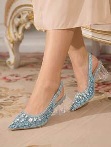 CUCCOO TILAWA Women's Crystal Heel Glass Rhinestone Pointed Toe Pink High Heel Pumps, Suitable For Outings, Banquets, Parties And Other Events - Baby Blue - View 9