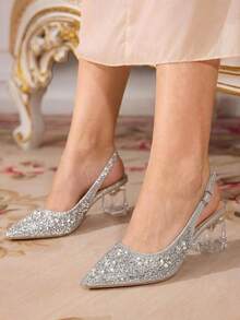 CUCCOO TILAWA Women's Crystal And Glass Rhinestone Pointed Silver High-Heeled Shoes, Suitable For Going Out, Banquets, Parties And Other Activities - flash silver - View 8