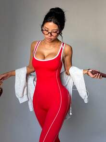 Slayform Slayform 女款百搭條紋拼接時尚修身運動連身褲 - 紅色 - 查看 3