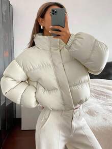 DAZY Women's Loose Fit Open Front Long Sleeve Padded Coat Jacket - White - View 3