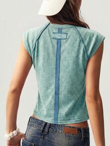 Bohemela Solid Color Knit Crew Neck Fitted Washed T-Shirt For Women - Teal Blue - View 2