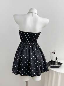 Elamini Women's Summer Elegant Cute Vintage Polka Dot Print Bow Decor Strapless Dress Party Black And White - Black - View 2