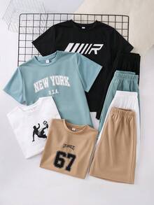 SHEIN 青少年男孩字母印花T恤短褲套裝 - 彩色 - 查看 5