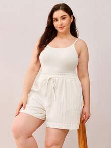 LUVLETTE Plus Size Women's Apricot Striped Linen Sleep Pants, Casual Wide Leg Pants With Pockets. - White - View 13