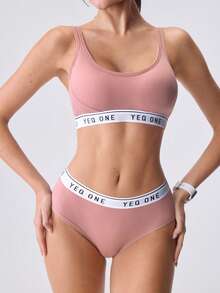 Loungeista 1 Set Women's Letter Print Hollow Criss-Cross Camisole Bra Set, Wireless, Breathable Back Design, Sports Bra Set - Watermelon Pink - View 5