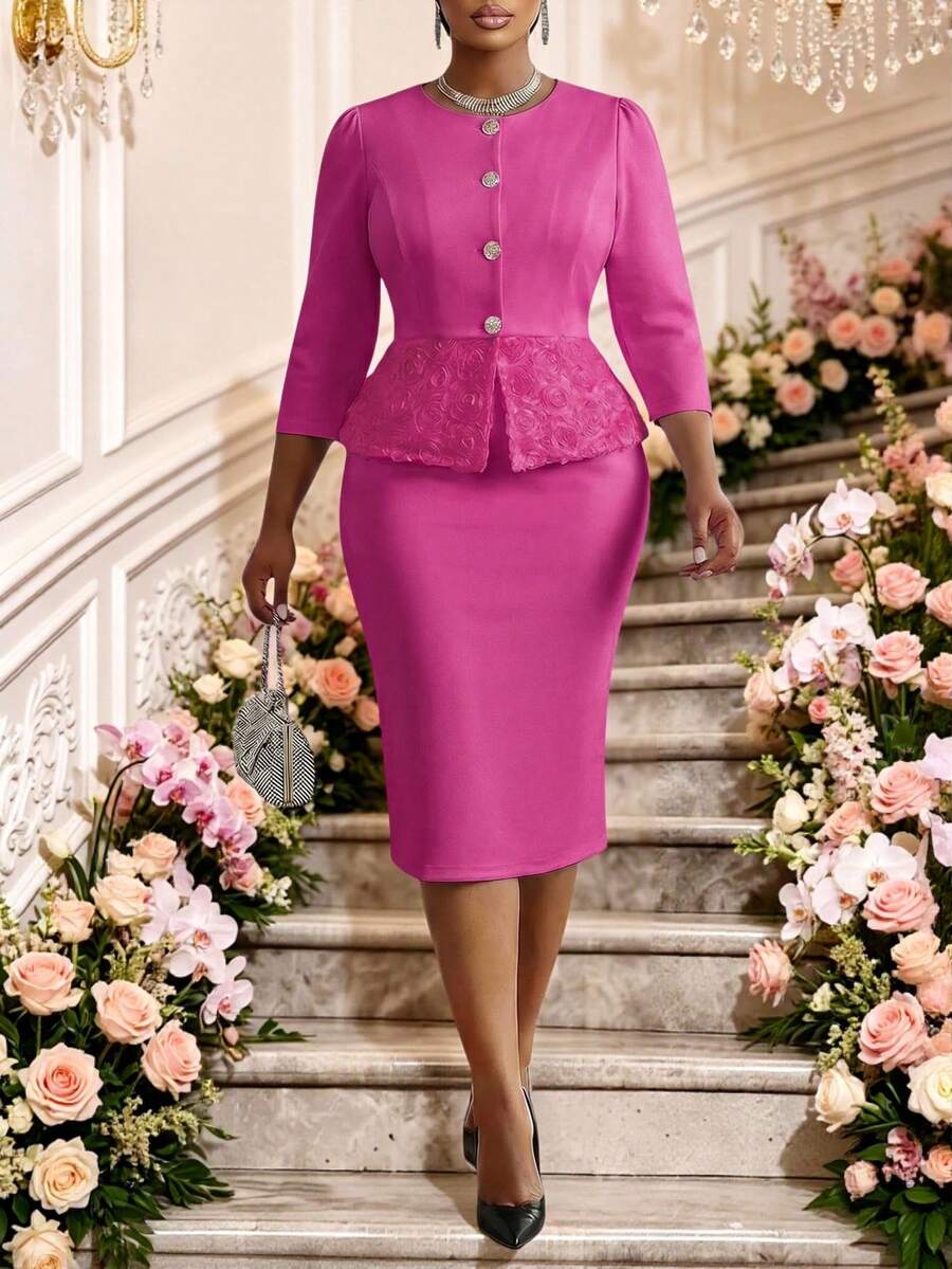 Fleurora Elegantes Set in Große Größen mit geraffter Taille, kurzärmeliger Bluse und allover bedrucktem Halbrock in Rosé-Rot, 2-teilig, Business-Casual für Damen