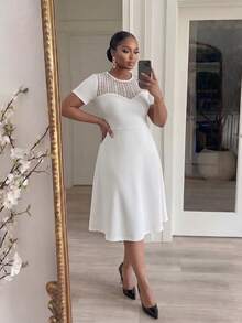 SHEIN Lady CURVE Plus Size Summer Elegant Solid Color Lace Patchwork Dress Party Wedding Guest All White - White - View 3