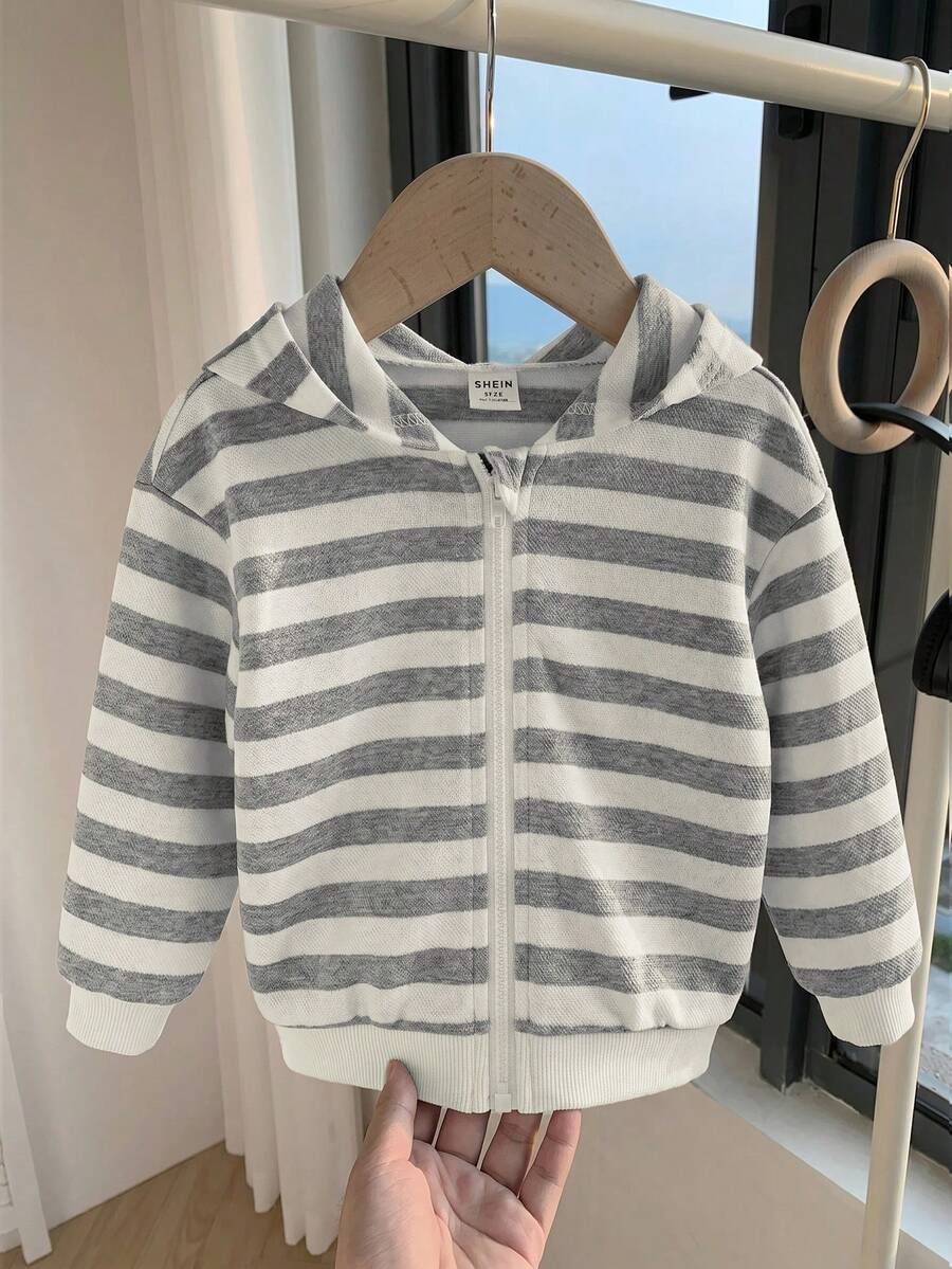 SHEIN 嬰兒男/女童秋冬可愛百搭針織黑白條紋拉鍊連帽衛衣,適合秋冬、外出、學校、幼兒園 - 彩色 - 查看 1
