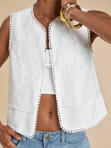 Travachic Women's Contrast Lace Open Front Fashion Thin Vest Jacket - White - View 5
