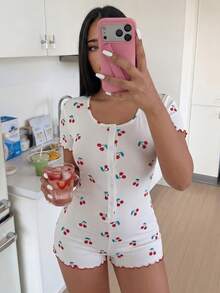 ZzzCrew Cherry Print Elastic Ribbed Plus Size Pajama Jumpsuit - White - View 4