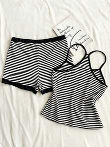 Resyla Women's Casual Striped Heart Embroidery Contrast Color Camisole Top And Shorts 2-Piece Set - Black and White - View 2